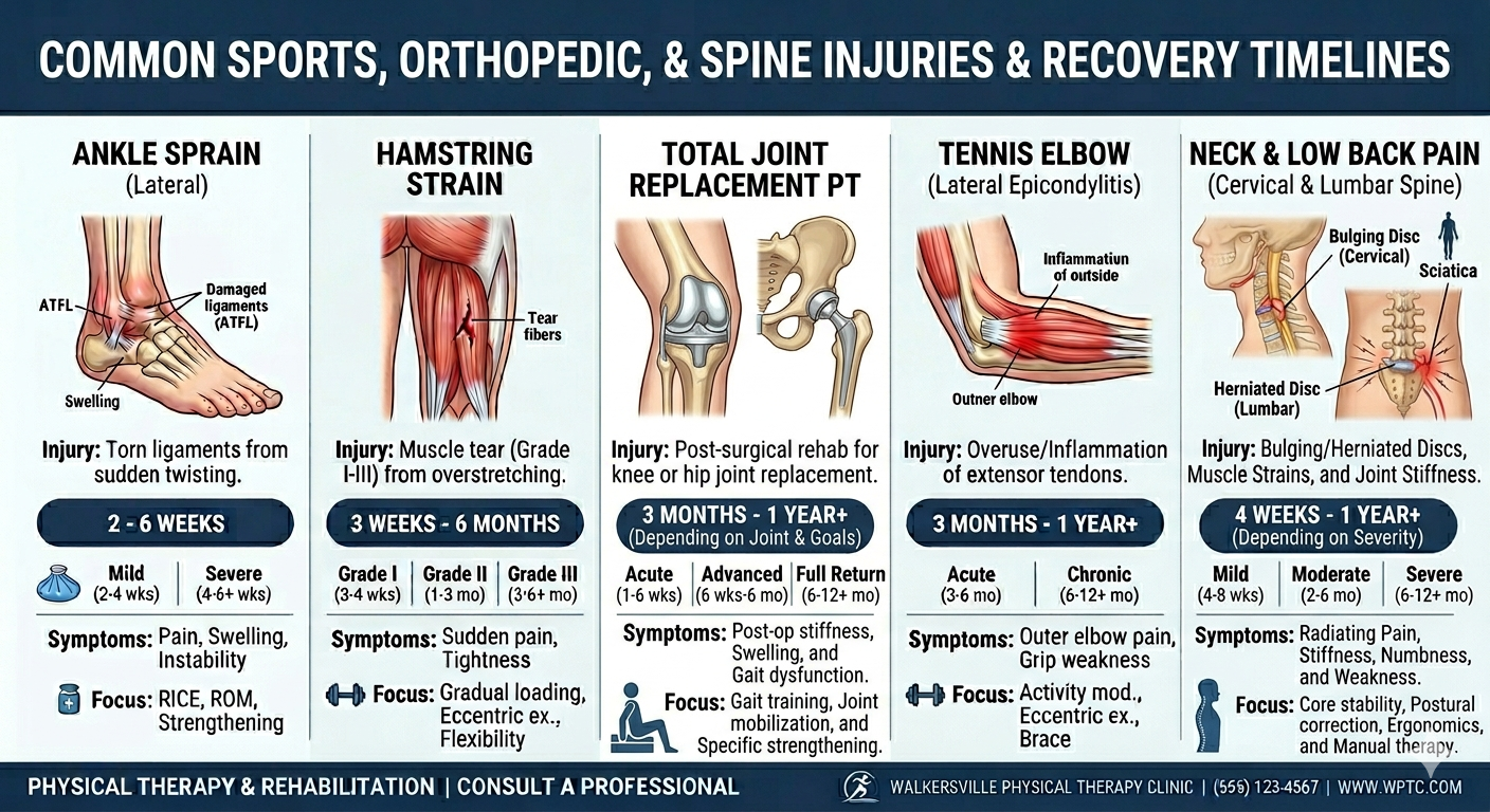 Common Sports, Orthopedic, and Spine Injuries and Recovery Timelines — covering ankle sprains, hamstring strains, total joint replacement, tennis elbow, and neck and low back pain